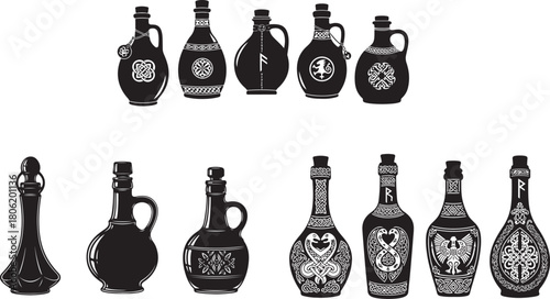 Set of Twelve Black Silhouette Viking Era Bottles and Jugs
