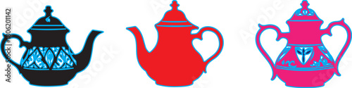 Three Stylized Teapots in Black, Red, and Pink kettle