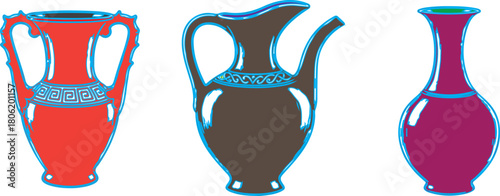 Three Stylized Ancient Greek Ceramic Vessels in Bold Colors Keywords: ceramic, pottery, vase