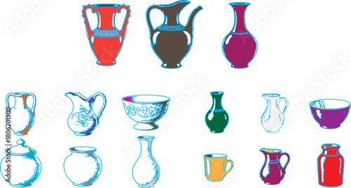 Vibrant Collection of Stylized Ceramic Pots and Jugs Keywords: ceramic, pottery, vase, jug