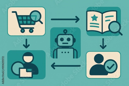 Visual representation of customer journey in e commerce, depicting shopping cart, user engagement, artificial intelligence interface, and conversion through seasonal styling