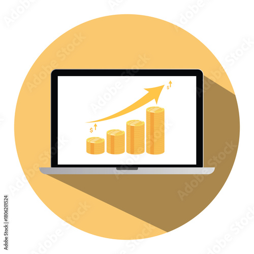 Financial Growth Chart Illustration with Gold Coins and Upward Arrow Symbolizing Investment Success, Business Profit, Saving Money, and Economic Increase