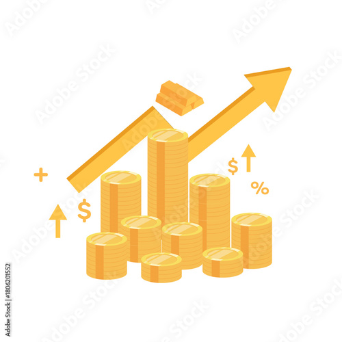 Financial Growth Chart Illustration with Gold Coins and Upward Arrow Symbolizing Investment Success, Business Profit, Saving Money, and Economic Increase