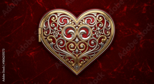 Intricate gold and silver heart locket on a deep red background, conveying love, romance, and vintage elegance for valentines day and special occasions