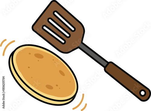 Cartoon pancake being flipped with a spatula on white background flipping cooking