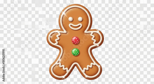 Gingerbread man cookie with icing and candy buttons, a delightful holiday treat, perfect for christmas celebrations and festive baking projects on transparent background