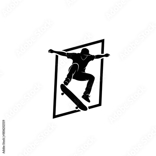 Dynamic Skateboarder Performing Mid-Air Jump Action Pose Urban Extreme Sport