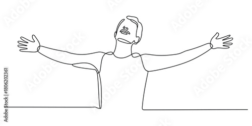 Continuous line drawing of man with arms outstretched, feeling free