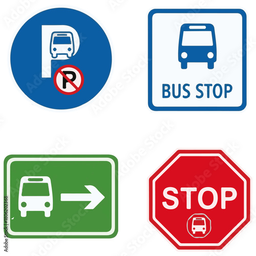 Collection of Public Transportation, Stop, and Accessibility Signs, including Circular, Square, and Octagonal Road Icons on Poles