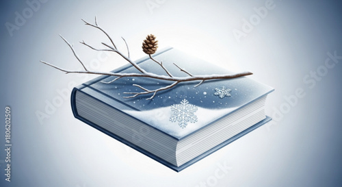 A captivating winter tale unfolds on a book adorned with snow, a delicate branch, and a charming pine cone, creating a magical and enchanting scene