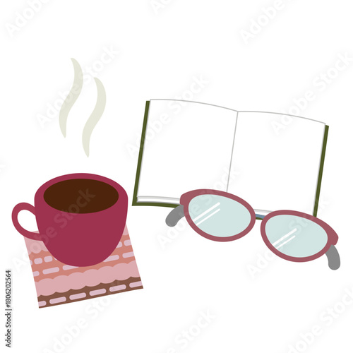 ココアと眼鏡と開いた本のイラスト／読書とリラックス