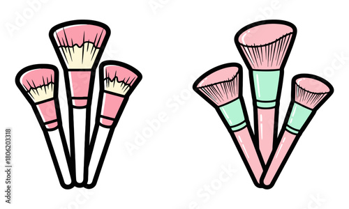Cartoon makeup brushes set featuring pink handles and beauty essentials