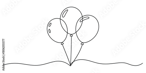 Minimalist continuous line art drawing of three party balloons