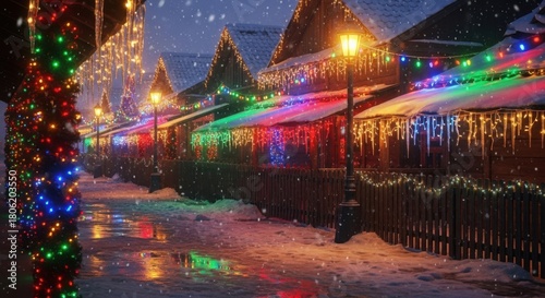 Enchanting Christmas market scene with falling snow and twinkling lights, perfect for holiday greetings and festive promotions during the winter season