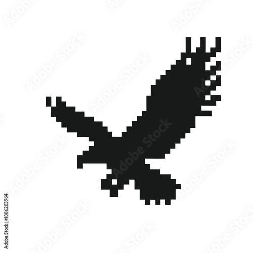Pixelated Eagle Vector, Black Bird Flying Isolated on White Background, 8bit Style
