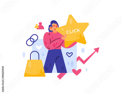 an Affiliate marketing concept. Marketing products or services through links. Advertising and business. Illustration of a female affiliate promoting a product. Flat design style. White background.