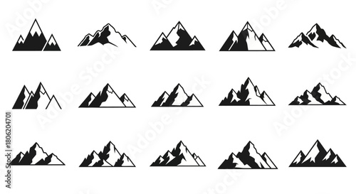 Collection of mountain icons silhouettes and vector illustrations on white background