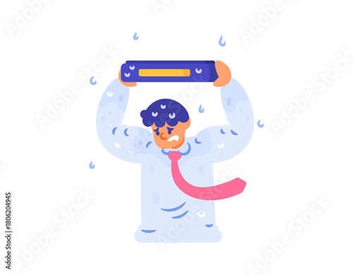 Illustration of a worker or employee caught in the rain. Using a briefcase as an umbrella. Protecting oneself from the rain using a briefcase. Flat style character design. White background.