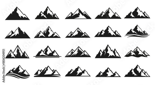 Mountain silhouette collection vector set of peaks hills and landscape icons