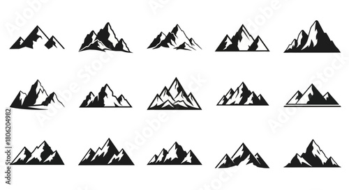 Set of mountain icons mountain ranges peaks and hills in black and white