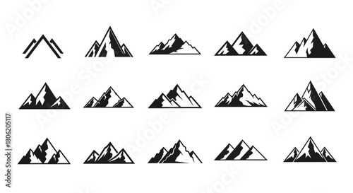 Set of fifteen mountain silhouette icons for outdoor adventure and nature themes