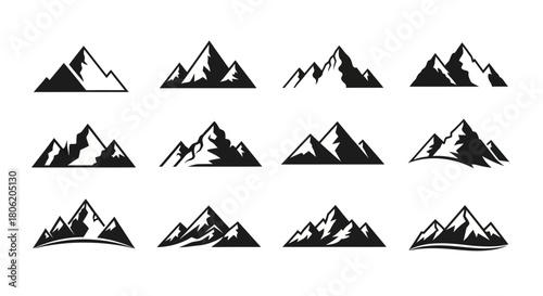 Set of twelve unique mountain range silhouette icons for outdoor adventure and design