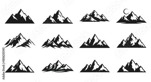 Set of twelve mountain range vector illustrations in black and white