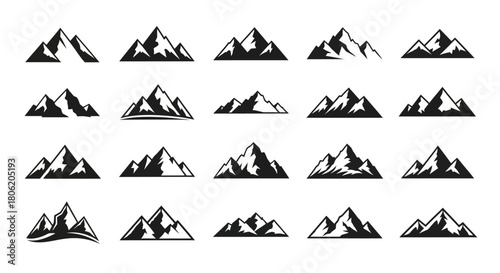 Collection of black and white mountain range silhouettes for logo or icon design