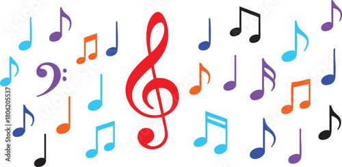 Music notes clef colorful musical symbols on white background in a bright playful design