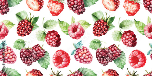 watercolor raspberries and blackberries berry Seamless pattern on white background red berries with leaves for fabric design, rustic kitchen textiles, packaging and botanical print projects
