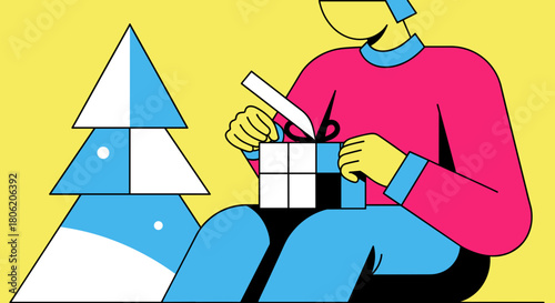 Person unwrapping a gift next to a Christmas tree on yellow background  