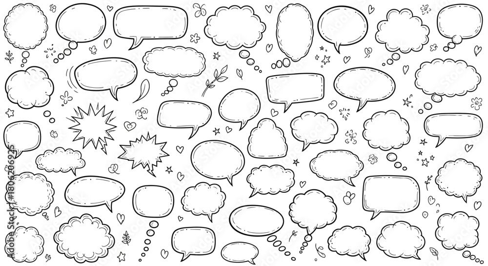 Fototapeta premium Hand drawn speech bubbles collection comic style dialogue and thought balloons set