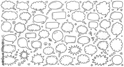 Hand drawn speech bubbles and thought clouds in a variety of shapes and styles