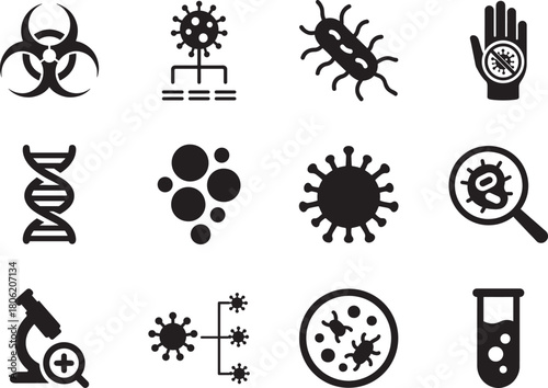 Silhouette microbiology icon set, lab science symbols for research, education, and apps.