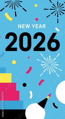 New Year 2026 celebration with colorful confetti and fireworks  