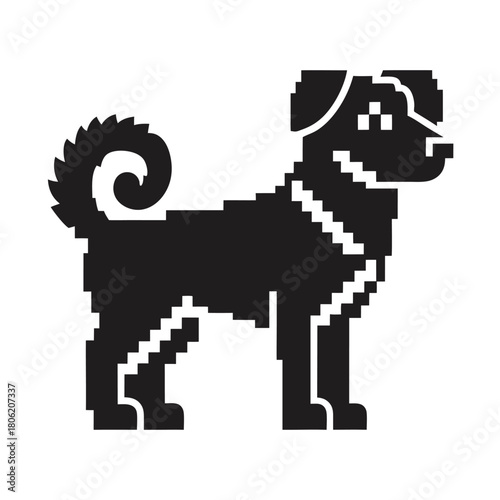 Pixelated Design of a Black Dog With a Curled Tail on White Background