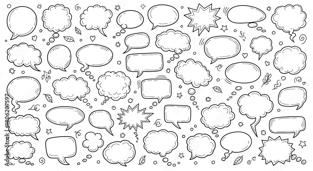 Fototapeta premium Hand drawn speech bubbles collection in various shapes and sizes on white