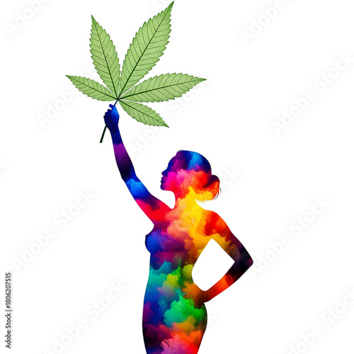 Colorful silhouette of a woman holding a cannabis leaf against a on transparent background