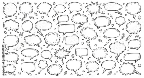 Hand drawn speech bubbles collection in various shapes and sizes on white