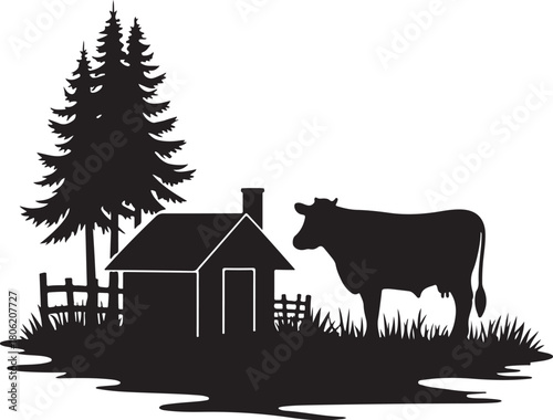 silhouette of a farm house in a forest