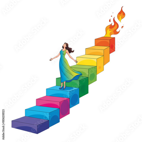 Woman in flowing dress ascends rainbow steps toward flames in a conceptual illustration on transparent background