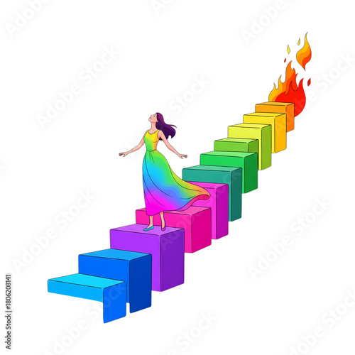 Woman in rainbow dress ascends colorful staircase toward flames in a on transparent background