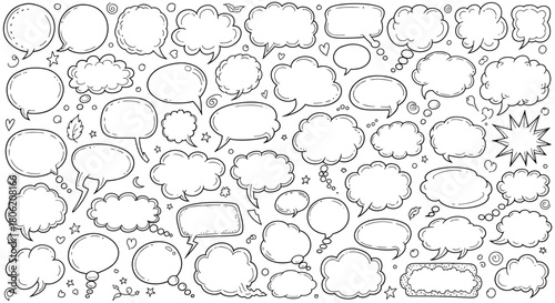Collection of hand drawn speech bubbles and thought bubbles in black and white
