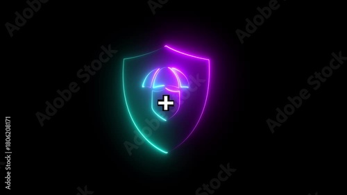 Glowing neon Security shield with positive icon isolated .positive security shield ion isolated .neon medical sign.health shield neon icon animated shield lock barrier health guard bacteria icon.
