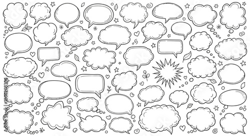 Hand drawn speech bubbles and thought bubbles collection in black and white