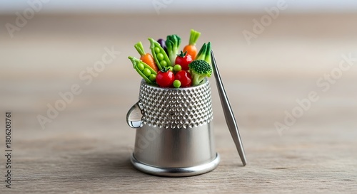 Miniature garden inside a thimble featuring fresh tiny vegetables