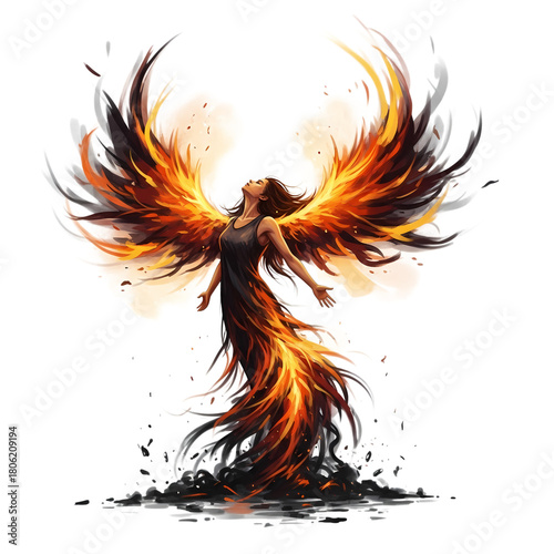Woman transforming into a phoenix with fiery wings and dress in a fantasy setting on transparent background
