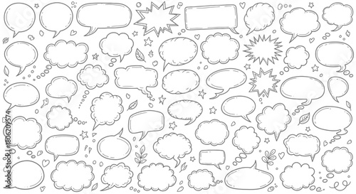 Collection of hand drawn speech bubbles and thought balloons in black and white