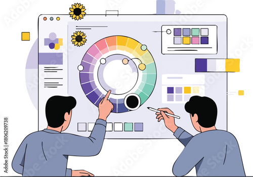 Two designers collaborating on a color palette project with a color wheel and aids on a large computer screen in a modern workspace.