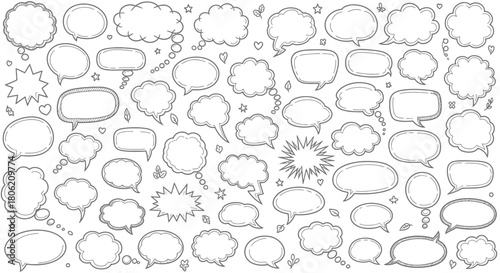 Collection of hand drawn speech bubbles and thought bubbles on white background